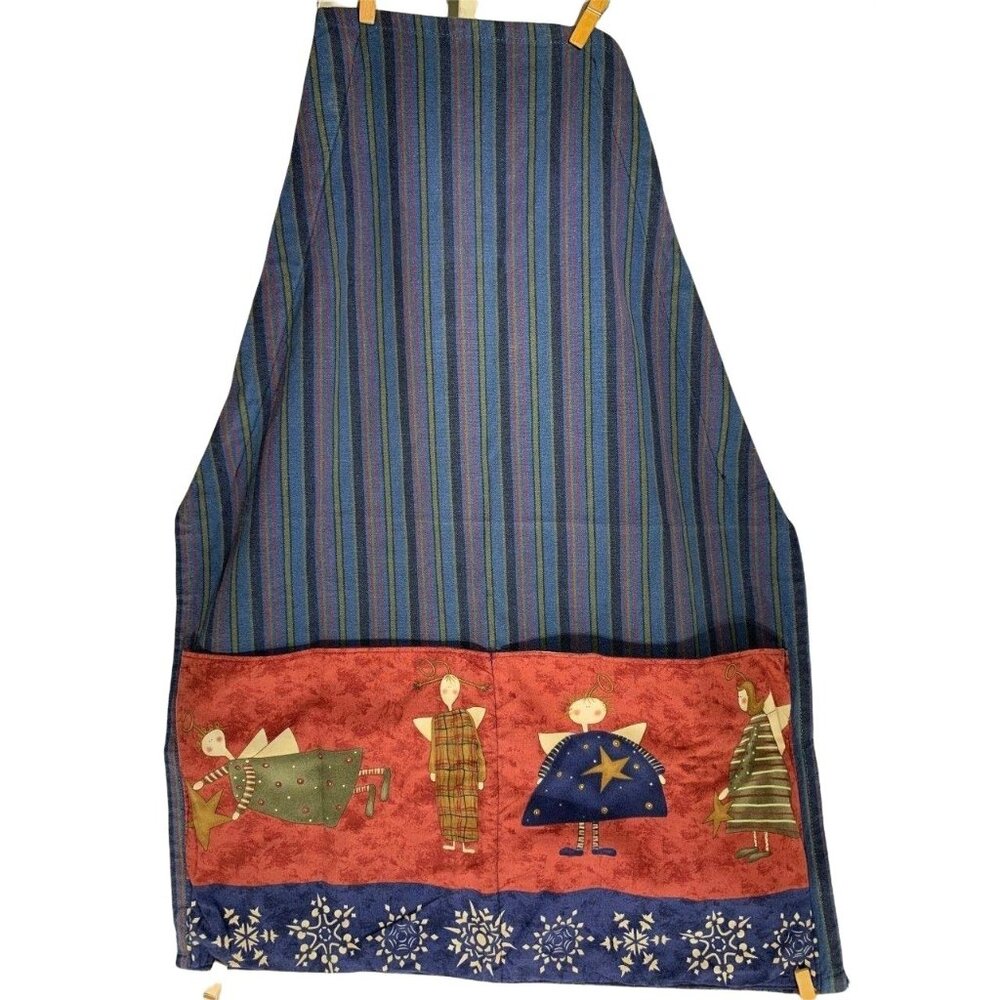 Vintage Holiday Angel Youth Apron 26" Festive Stripes Pockets Waist Tie Baking
